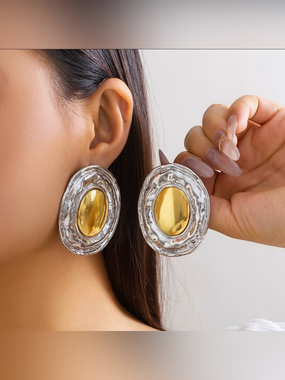 Vintage Style Two-Tone Mixed Metal Oval Statement Stud Earrings